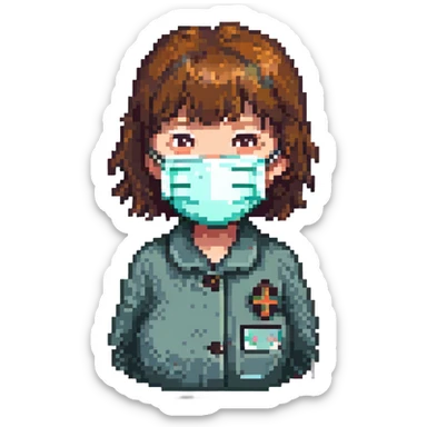 Old girl wearing medical mask with bangs and short hair, hair color brown sticker