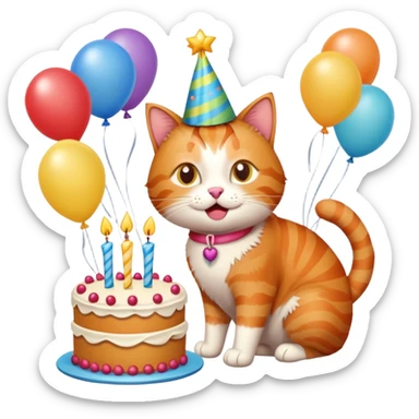 Ginger cat celebrates birthday, birthday hat, birthday cake, balloons, happy, gifts sticker