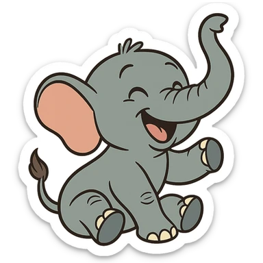 baby elephant in playful pose with trunk up in flat toon style sticker