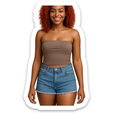 full body portrait of a light skinned Black woman with red hair, wearing a tube top and daisy duke shorts, friendly expression sticker
