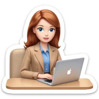 A Barbie girl with blue eyes, shoulder-length reddish-brown hair, made-up, wearing a beige tweed jacket and a beige skirt, is sitting with a MacBook sticker