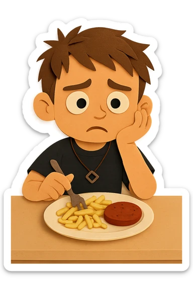 Now he looks slightly worried — he was told that if he doesn't eat protein, he might not grow up. sticker