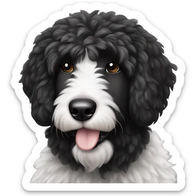 A black and white sheepadoodle with a black patch around his eye  sticker