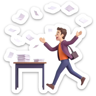 person happily quitting a job, tossing papers in the air, walking away from a desk, joyful expression sticker