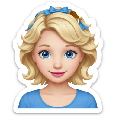 Girl Blonde short wavy hair,  blue eyes, cute blue top, long lashes, pink lips, smiling, 💁🏻‍♀️  sticker