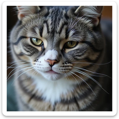 a realistic close-up of a cat face, white nose and underbelly, gray fur, detailed fur texture, photorealistic style sticker