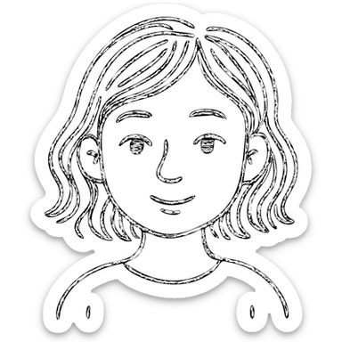 portrait of an Asian girl with medium brown wavy hair and brown eyes, hand-drawn outlined icon sticker
