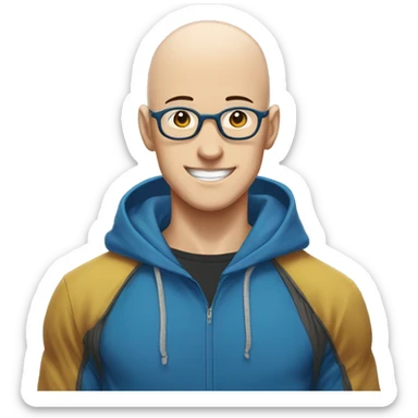 bald saitama in his 20s smiling wearing glasses and blue hoodie sticker