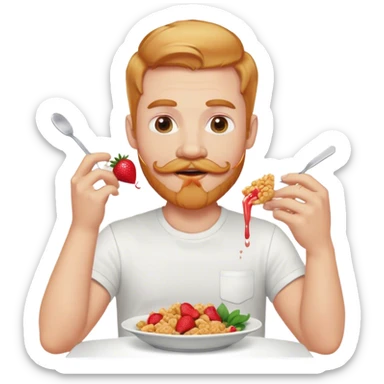 White man with strawberry blonde hair, light beard, and mustache wearing white t shirt eating Chinese food very happily sticker
