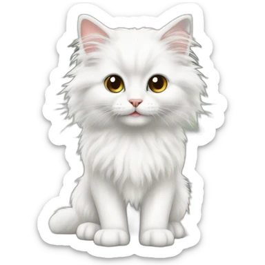 Long-haired white fluffy kitten standing in the kitchen preparing breakfast. sticker