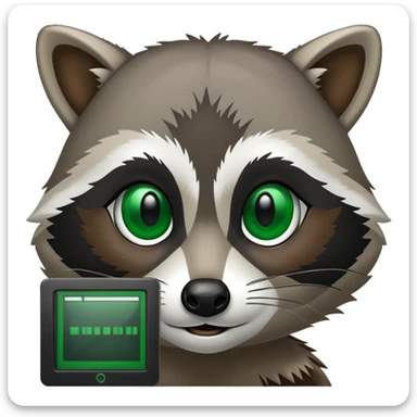 Raccoon face with black computer terminal window in background. The terminal window displays code in green and black. sticker