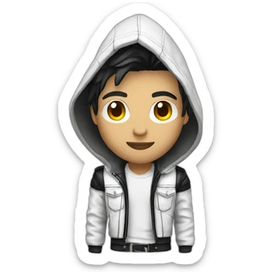 Punk male with hood wear white leather jacket with dark hair sticker