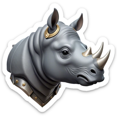 Cinematic Noble Rhinoceros Portrait Emoji, Poised and regal, with a massive, powerful build and a thick, armored hide of slate gray, accented by a prominent, striking white horn, deep-set soulful piercing eyes, Simplified yet sharp and sophisticated features, highly detailed, glowing with a soft, dignified glow, high shine, intelligent and formidable, stylized with an air of ancient might, focused and attentive, soft glowing outline, capturing the essence of a watchful and commanding behemoth, so majestic it feels as though it could charge out of the screen with effortless authority! sticker