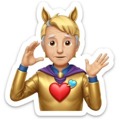 An elderly man with golden skin, his body shining like polished metal, wearing a horse cosplay costume with horse ears and a tail. He is making a heart shape with his hands and blushing slightly, showing a shy and embarrassed expression. sticker
