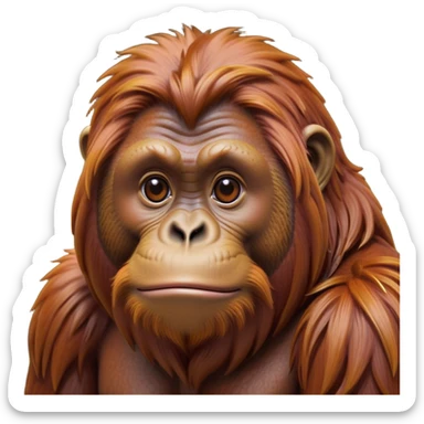 Cinematic Noble Orangutan Portrait Emoji, Poised and regal, with a robust, thoughtful build and deep, soulful eyes framed by rich, textured fur, Simplified yet sharp and sophisticated features, highly detailed, glowing with a soft, earthy glow, high shine, intelligent and contemplative, stylized with an air of ancient wisdom, focused and commanding, soft glowing outline, capturing the essence of a watchful and confident guardian that appears ready to step out of the screen with timeless authority! sticker