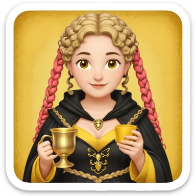 Helga Hufflepuff, 2 curly thick brown braids, yellow-black medieval dress, black cloak decorated with gold braiding, tiny two-handled shiny yellow-gold cup, very kind smile, curvy busty sweet woman, thick rosy cheeks sticker