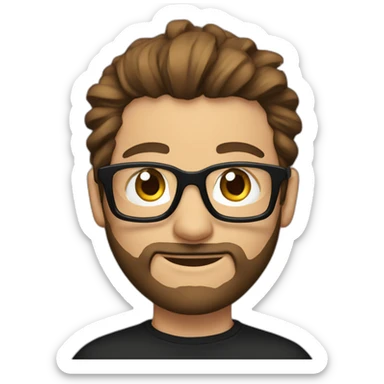 White Man with clear glasses brown hair and a black tshirt and a man bun and beard sticker