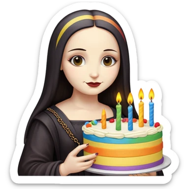 goth monalisa holding a rainbow birthday cake  sticker