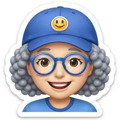 yellow female smiley face emoji, big smile, winking, wearing a blue ballcap backwards, grey curly hair, glasses, no eye color, face only sticker