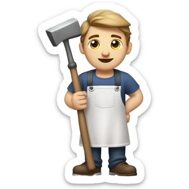 "A sturdy man with rough hands, short light brown hair, and a friendly, naive expression. He wears a work apron over simple clothes and holds a small hammer" sticker