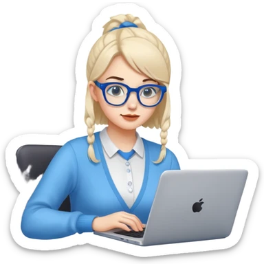 woman a nerd and an excellent student with blue glasses with laptop sticker