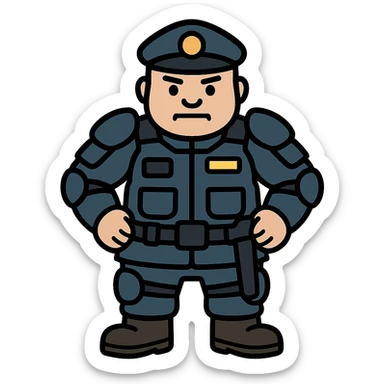 Enhance the vigilante's uniform with visible protections, a bulletproof vest, and security details. The character should have little hair. Transparent background. sticker