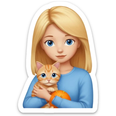 blonde girl with blue eyes holding an orange tabby cat, minimal details sticker