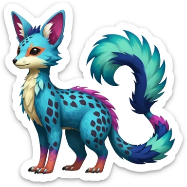 Feral Rare Fantasy colorful vibrant Vernid-Trico-species-Fakemon-creature by LiLaiRa, random markings, tufted tail, tufted ears, full body sticker