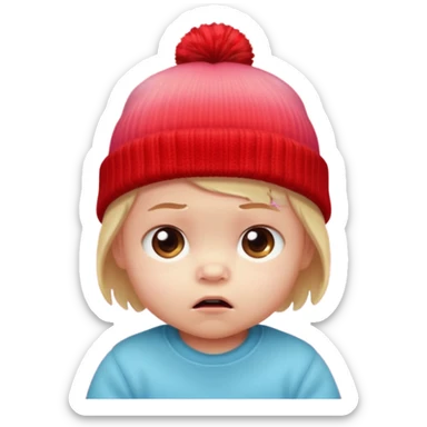 a baby red upset face emoji with a glowing pastel red gradient behind it, red beanie hat on sticker
