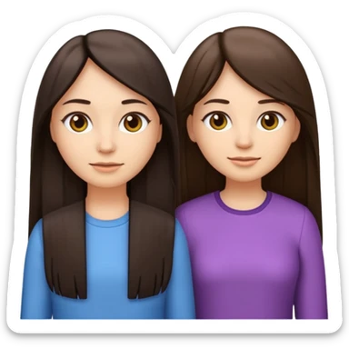 generate me emojis of sisters, one should look older, the other younger. the older one has dark brown hair, long, straight, the younger one is slightly lighter, also straight, long. clothes are any in principle, the main thing is that they more or less look like each other sticker