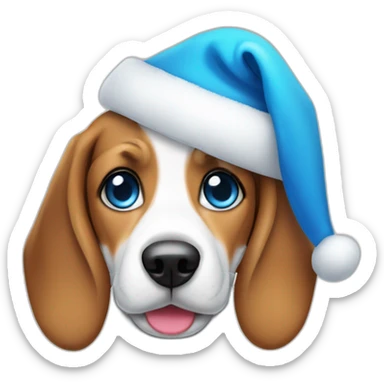 A cute beagle with very bright blue eyes wearing a santa hat sticker