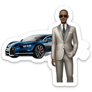 very rich man standing near a bugatti chiron pur sports sticker