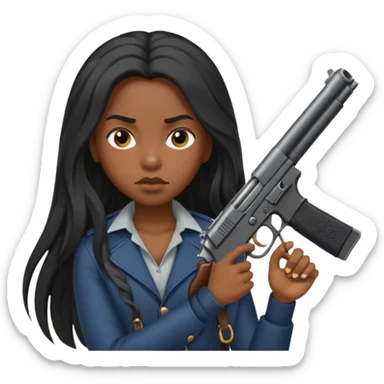 Black girl with long hair and a gun sticker