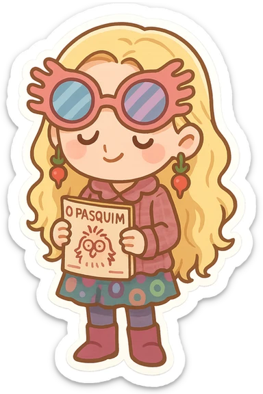 cute chibi character inspired by Luna Lovegood, long blonde hair, wearing eccentric and colorful clothes, radish earrings, holding the magazine O Pasquim, transparent background sticker
