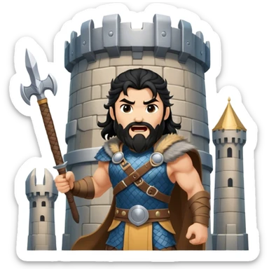 vikingo con armadura de Asgard, pelo negro ondulado, de pie, grito de guerra en torre de Asgard. sticker
