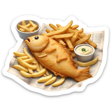 Fish and Chips Cinematic Realistic Fish and Chips Dish Emoji, depicted as a crispy battered fish fillet and golden chips served in traditional newspaper wrapping, rendered with lifelike textures and warm natural lighting that captures its iconic British street food charm  . sticker