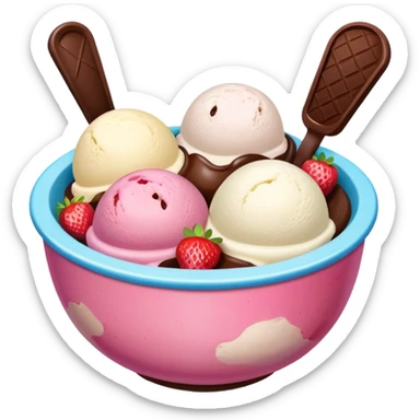 Neapolitan ice cream scoops in a bowl no spoon sticker