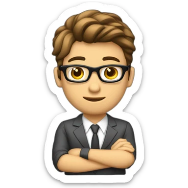 Un joven hermoso moreno claro con lentes traje sentado en un butacon frente a una computadora en  sticker