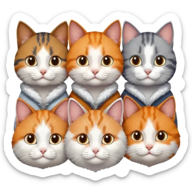 6 cats with different coloured coats, 2 are grey and white, 1 is grey with a little white, 1 calico, 1 brown tabby and white and one ginger and white sticker