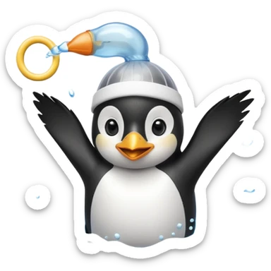 A cheerful penguin swimmer in swim cap, doing a playful backstroke with water rings popping around.
 sticker