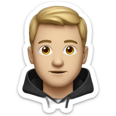 a serious-looking white man wearing a black hoodie facing a laptop screen sticker