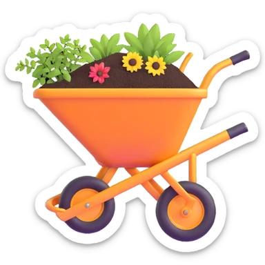 wheelbarrow with soil fertilizer and gardening tools sticker