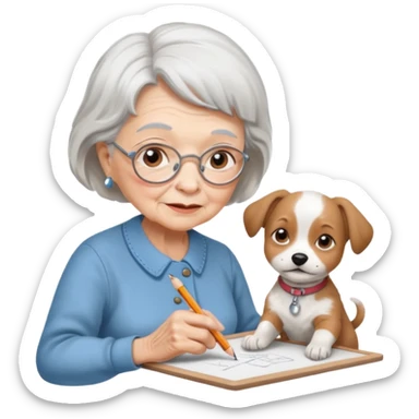 An elderly woman sketching, art board,nice picture, puppy face pencil art style. sticker