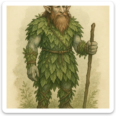 firbolg, tall and kind, with leafy clothing, fantasy illustration, detailed fantasy character sticker