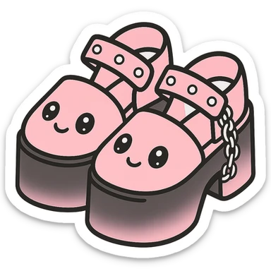 Add a gradient effect from black to pastel pink on the platform sandals with silver studs and chains, kawaii style, no socks, no hearts, transparent background sticker