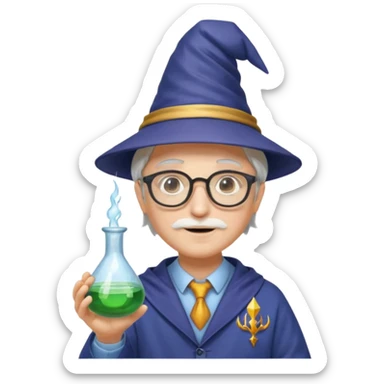 scientist with glasses, wearing wizard hat custome, with glass vase sticker