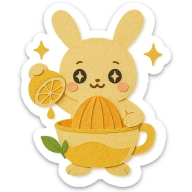 chibi citrus juicer-bunny hybrid, squeezing lemon, sparkling happy eyes, soft yellow, full-body sticker
