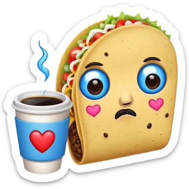 a taco with blue heart and sad face holding an coff sticker