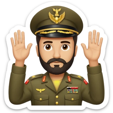 surrenders, depicts an Iraqi soldier from 1980, with a beard, a sad face and raised hands sticker