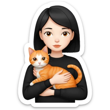 A beautiful girl with short black hair in a black sweater holds a orange cat in her arms sticker